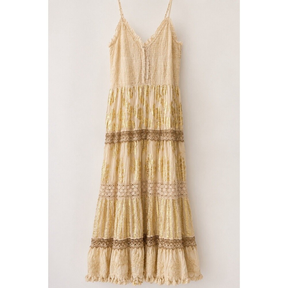 Me 2 Magic Boho Metallic Gold Tiered Maxi Dress Cotton India Women Size M
